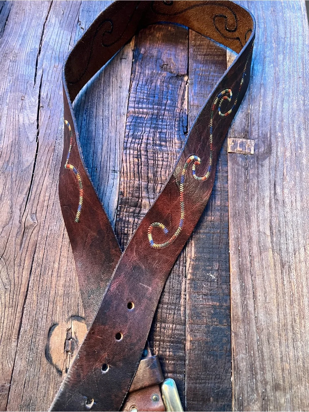 Vintage-Inspired Brown soft Leather Belt with Embroidered Detail